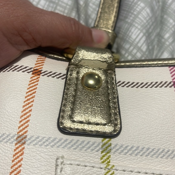Authentic Coach Plaid Tote Bag White Multicolor Stripes Gold Handles - Picture 10 of 12